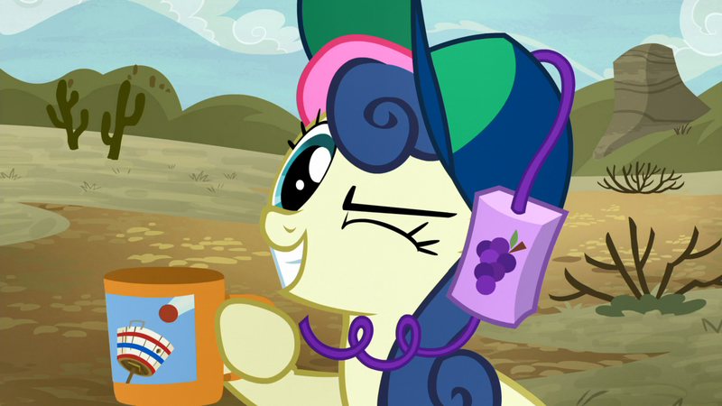 Size: 1920x1080 | Tagged: safe, derpibooru import, screencap, bon bon, sweetie drops, earth pony, pony, common ground, adorabon, basket, buckball, buckbasket, bushel basket, cactus, coffee mug, cute, desert, drinking hat, female, hat, juice, juice box, looking at you, mare, mesa, mug, one eye closed, smiling, solo, sports fan, wink