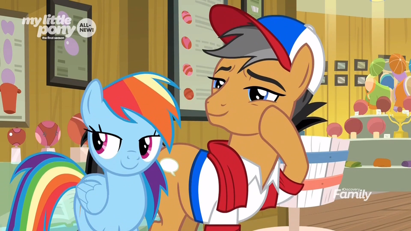 Size: 1920x1080 | Tagged: safe, derpibooru import, edit, edited screencap, editor:michaelsety, screencap, quibble pants, rainbow dash, earth pony, pegasus, pony, common ground, baseball cap, bedroom eyes, buckball museum, cap, clothes, discovery family logo, duo, female, hat, lidded eyes, male, mare, my little pony logo, raised hoof, scarf, shirt, stallion, towel