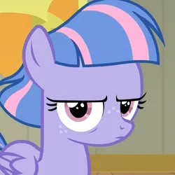 Size: 1078x1078 | Tagged: safe, derpibooru import, screencap, wind sprint, pegasus, pony, common ground, annoyed, cropped, disapproval, female, filly, foal, frown, glare, lidded eyes, looking at you, reaction image, solo, wind sprint is not amused