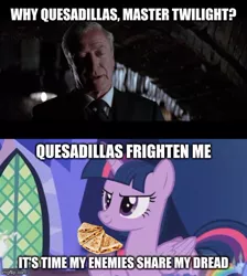 Size: 500x559 | Tagged: alfred pennyworth, alicorn, artist:proof positive, batman, batman begins, caption, derpibooru import, edit, edited screencap, evil grin, food, grin, image macro, meme, michael caine, movie quote, party pooped, quesadilla, safe, screencap, smiling, text, twilight sparkle, twilight sparkle (alicorn)