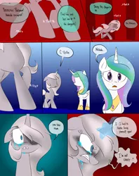 Size: 1200x1514 | Tagged: semi-grimdark, artist:emositecc, derpibooru import, princess celestia, oc, oc:nebula, alicorn, pony, unicorn, comic:empty halls, angry, bad dream, comic, crying, dialogue, duo, female, implied princess platinum, insanity, mare