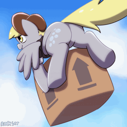 Size: 1200x1200 | Tagged: safe, artist:rockset, derpibooru import, derpy hooves, pegasus, pony, the point of no return, animated, box, bubble butt, butt, cute, derpabetes, featureless crotch, female, flying, frame by frame, mailmare, mailpony, mare, plot, rear view, scene interpretation, solo, the ass was fat, this side up
