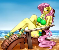 Size: 1000x850 | Tagged: safe, artist:pia-sama, derpibooru import, fluttershy, anthro, bat pony, pegasus, plantigrade anthro, beach, beautiful, beautisexy, big breasts, bikini, blushing, breasts, busty fluttershy, clothes, female, flutterbat, high heels, legs, looking at you, mare, race swap, sexy, shoes, sky, solo, swimsuit, water