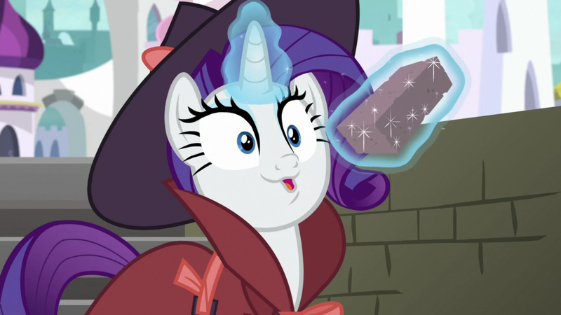 Size: 1920x1080 | Tagged: safe, derpibooru import, screencap, rarity, pony, unicorn, sparkle's seven, brick, cute, detective rarity, faic, female, glowing horn, hat, horn, magic, mare, open mouth, raribetes, solo, telekinesis