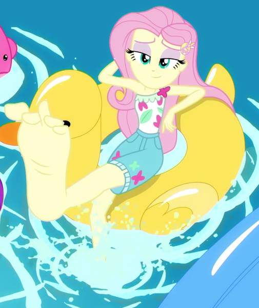 Size: 912x1084 | Tagged: safe, derpibooru import, screencap, fluttershy, equestria girls, equestria girls series, i'm on a yacht, spoiler:eqg series (season 2), barefoot, bedroom eyes, big feet, cute, feet, female, flutterfeet, foot focus, geode of empathy, geode of fauna, geode of shielding, geode of sugar bombs, geode of super speed, geode of super strength, geode of telekinesis, image, inflatable toy, magical geodes, png, pool toy, shyabetes, soles, splash, toes, water, wiggling toes, wingding eyes