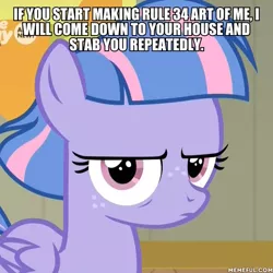 Size: 600x600 | Tagged: semi-grimdark, derpibooru import, edit, edited screencap, screencap, wind sprint, pegasus, pony, common ground, female, filly, foal, impact font, looking at you, the fourth wall cannot save you, threat, wind sprint is not amused
