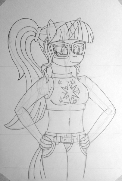 Size: 1428x2115 | Tagged: safe, artist:supra80, derpibooru import, sci-twi, twilight sparkle, anthro, unicorn, equestria girls, alternate costumes, belly button, belt, clothes, cutie mark, cutie mark on clothes, glasses, hand on hip, jeans, midriff, pants, ponytail, sketch, smiling, solo, tanktop, traditional art