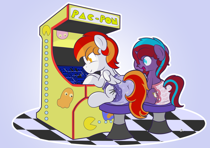 Size: 1810x1280 | Tagged: suggestive, artist:zalakir, derpibooru import, oc, oc:charming dazz, oc:final cut, pony, arcade, arcade game, cute, diaper, diaper fetish, duo, fetish, ocbetes, pac-man, poofy diaper