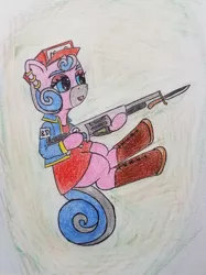 Size: 1504x2016 | Tagged: safe, artist:dice-warwick, derpibooru import, oc, oc:harp melody, original species, pony, fallout equestria, fallout equestria: dance of the orthrus, bayonet, boots, clothes, ear piercing, earring, fanfic art, gun, jewelry, mirage pony, piercing, red dress, red hat, rifle, shoes, solo, weapon