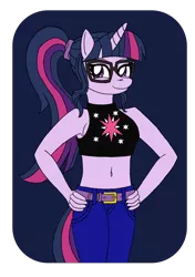 Size: 2744x3902 | Tagged: safe, artist:supra80, derpibooru import, sci-twi, twilight sparkle, anthro, unicorn, equestria girls, alternate costumes, belly button, belt, clothes, cutie mark, cutie mark on clothes, glasses, hand on hip, jeans, midriff, pants, ponytail, simple background, smiling, solo, tanktop, transparent background