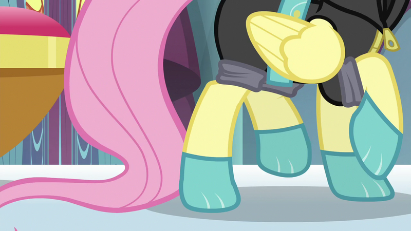 Size: 1280x720 | Tagged: safe, derpibooru import, screencap, fluttershy, pegasus, pony, sparkle's seven, clothes, costume, dangerous mission outfit, female, goggles, hoodie, legs, mare, pictures of legs, solo