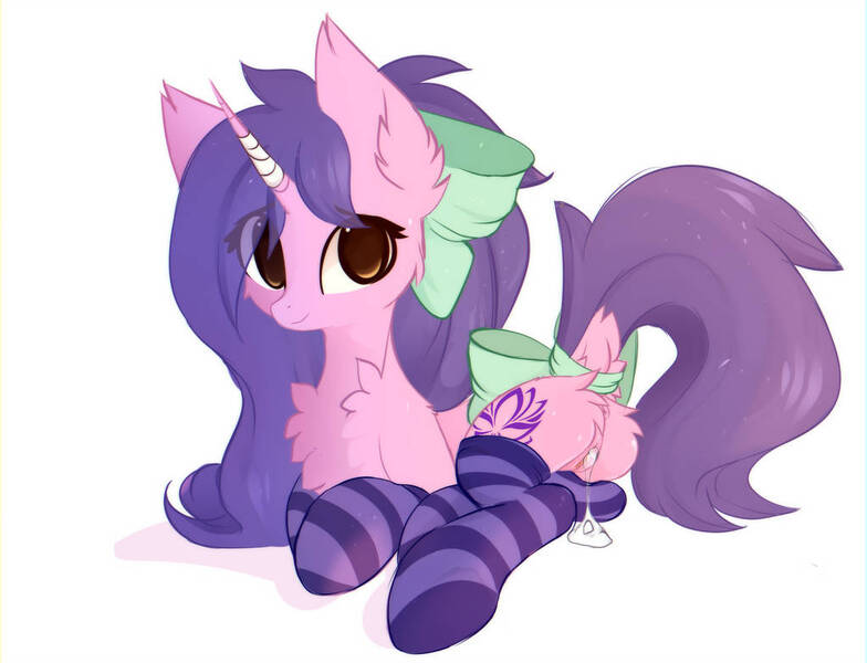 Size: 1022x782 | Tagged: explicit, alternate version, artist:little-sketches, derpibooru import, oc, oc:avici flower, unofficial characters only, pony, unicorn, aftersex, anus, bow, butt, butt fluff, chest fluff, clothes, creampie, cum, cute, cute porn, dock, ear fluff, eye clipping through hair, female, hair bow, looking at you, mare, nudity, plot, simple background, socks, solo, solo female, striped socks, tail bow, thigh highs, vulva, white background