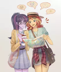 Size: 1680x1978 | Tagged: safe, artist:tcn1205, derpibooru import, sci-twi, sunset shimmer, twilight sparkle, human, equestria girls, coke, drink, female, hat, humanized, lesbian, map, pony coloring, scitwishimmer, shipping, soda, sunsetsparkle, tourist
