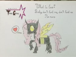 Size: 3264x2448 | Tagged: artist:don2602, changeling, changelingified, cute, derpibooru import, flutterling, fluttershy, haddaway, heart, newbie artist training grounds, safe, solo, song reference, species swap, traditional art, what is love