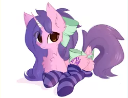 Size: 1636x1252 | Tagged: safe, alternate version, artist:little-sketches, derpibooru import, edit, oc, oc:avici flower, unofficial characters only, pony, unicorn, bandage, bow, broken horn, butt, chest fluff, clothes, cute, dock, ear fluff, eye clipping through hair, female, fluffy, hair bow, horn, looking at you, mare, plot, sfw edit, socks, striped socks, tail bow