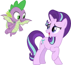 Size: 3279x3000 | Tagged: safe, artist:cloudyglow, artist:illumnious, derpibooru import, spike, starlight glimmer, dragon, pony, unicorn, the beginning of the end, .ai available, flying, open mouth, raised hoof, simple background, transparent background, vector, winged spike