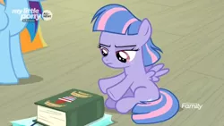 Size: 1366x768 | Tagged: safe, derpibooru import, screencap, rainbow dash, wind sprint, pegasus, pony, common ground, book, duo, female, filly, mare, shopping bag, solo focus, unamused