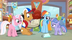 Size: 1366x768 | Tagged: safe, derpibooru import, screencap, clear sky, quibble pants, rainbow dash, wind sprint, earth pony, pegasus, pony, unicorn, common ground, balloon, book, cap, clothes, discovery family logo, female, filly, foal, gift shop, hat, male, mare, my little pony logo, shirt, shop, shopping bag, stallion, towel