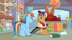 Size: 1366x768 | Tagged: safe, derpibooru import, screencap, quibble pants, rainbow dash, earth pony, pegasus, pony, common ground, ball, balloon, banner, barrel, baseball cap, book, butt, candy, cap, clothes, discovery family logo, duo, female, food, gift shop, hat, male, mannequin, mare, my little pony logo, plot, scarf, shirt, shop, stallion