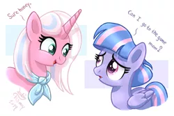 Size: 1350x900 | Tagged: safe, artist:joakaha, derpibooru import, clear sky, wind sprint, pegasus, pony, unicorn, common ground, cute, cute sky, dialogue, female, filly, horn, like mother like daughter, long horn, mother and child, mother and daughter, neckerchief, open mouth, sprintabetes
