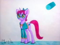 Size: 1166x892 | Tagged: safe, artist:dialysis2day, derpibooru import, oc, oc:claudia, pony, unicorn, bowtie, clothes, female, glasses, mare, shirt, solo, traditional art