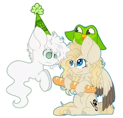 Size: 1280x1234 | Tagged: safe, artist:mintoria, derpibooru import, oc, oc:dusty, oc:may, unofficial characters only, ghost, pegasus, pony, undead, baguette, bread, duolingo, female, food, hat, mare, party hat, simple background, transparent background, two toned wings, wings