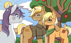 Size: 1016x613 | Tagged: safe, artist:silverhyena, derpibooru import, part of a set, trenderhoof, oc, oc:apple trend, oc:diamond charm, earth pony, pony, unicorn, apple, father and child, father and son, food, freckles, glasses, like father like son, male, neckerchief, not applejack, offspring, parent:applejack, parent:bags valet, parent:rarity, parent:trenderhoof, parents:trenderjack, part of a series, side hug, stallion, tree