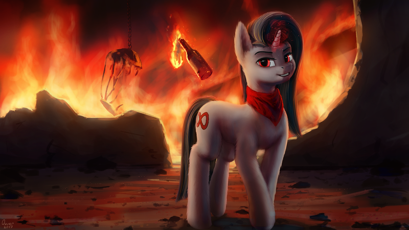 Size: 1920x1080 | Tagged: safe, artist:quvr, derpibooru import, oc, oc:destroyer, unofficial characters only, pony, unicorn, fallout equestria, arson, female, fire, glowing horn, horn, magic, mare, molotov cocktail, solo, telekinesis