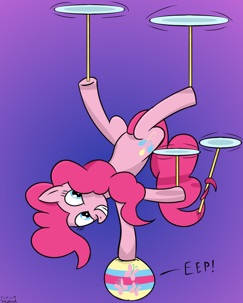 Size: 1000x1250 | Tagged: safe, artist:tazool, derpibooru import, fluttershy, pinkie pie, earth pony, pony, acrobatics, balancing, ball, cute, eep, female, flutterball, hoof stand, implied transformation, inanimate object, looking up, plate spinning, silly, simple background, spinning, standing, standing on one leg