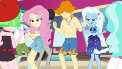 Size: 600x338 | Tagged: safe, derpibooru import, screencap, captain planet, drama letter, fluttershy, octavia melody, paisley, trixie, valhallen, watermelody, equestria girls, equestria girls series, i'm on a yacht, spoiler:eqg series (season 2), animated, armpits, background human, bare chest, beret, clothes, cute, dancing, diatrixes, female, geode of fauna, hat, legs, magical geodes, male, midriff, moonwalk, partial nudity, sarong, sexy, shorts, shyabetes, swimming trunks, swimsuit, tavibetes, topless