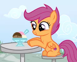 Size: 2500x2000 | Tagged: safe, artist:wingcut, derpibooru import, scootaloo, pony, bowl, chair, cloud, cute, cutealoo, cutie mark, female, filly, folded wings, food, grass, happy, hooves, hooves on the table, ice cream, looking at something, mare, sitting, smiling, solo, spoon, stool, table, the cmc's cutie marks, wings