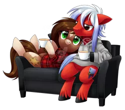 Size: 1920x1688 | Tagged: safe, artist:centchi, derpibooru import, oc, oc:axel rose, oc:sheriff pinto, unofficial characters only, pony, clothes, coffee, female, hoodie, male, mare, plaid shirt, shirt, simple background, stallion, transparent background