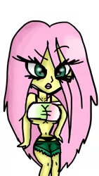 Size: 1500x2668 | Tagged: suggestive, anonymous artist, derpibooru import, fluttershy, equestria girls, bedroom eyes, breasts, clothes, out of character, revealing clothing, shorts, simple background, sluttershy, underwear, white background
