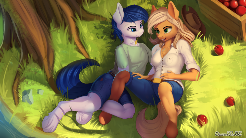 Size: 1920x1080 | Tagged: safe, artist:discordthege, derpibooru import, applejack, oc, oc:constance everheart, anthro, earth pony, unguligrade anthro, anthro oc, apple, breasts, canon x oc, chest fluff, cleavage fluff, clothes, commission, everjack, female, food, fruit, haystick, looking at each other, male, mare, open mouth, orchard, paywalled alternate version, shipping, shorts, stallion, straight, tree trunk