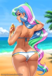 Size: 683x1000 | Tagged: artist:racoonsan, ass, beach, beach babe, bikini, bikini babe, bikini bottom, bikini top, blue hair, breasts, butt, buttcrack, clothes, cloud, day, derpibooru import, eyelashes, eyeshadow, female, green hair, human, humanized, light skin, long hair, looking at you, looking back, looking back at you, looking over shoulder, makeup, multicolored hair, nail polish, ocean, outdoors, palm tree, pink hair, praise the sun, princess celestia, rear view, sand, sexy, shadow, smiling, solo, standing, stupid sexy celestia, suggestive, sunbutt, swimsuit, the ass was fat, tree, water, website