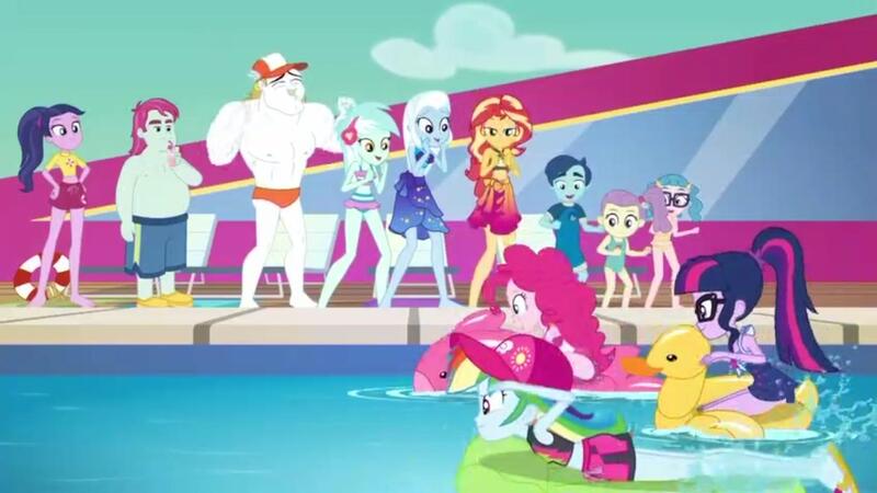 Size: 1366x768 | Tagged: safe, derpibooru import, screencap, baewatch, bulk biceps, henry handle, lily pad (equestria girls), lyra heartstrings, manestrum, pinkie pie, rainbow dash, sci-twi, sunset shimmer, technicolor waves, trixie, twilight sparkle, equestria girls, equestria girls series, i'm on a yacht, spoiler:eqg series (season 2), background human, clothes, floaty, inflatable, inflatable toy, midriff, pool toy, racing, raft, riding, swimming pool, swimsuit