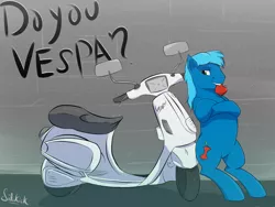 Size: 1600x1200 | Tagged: safe, artist:sidekick, derpibooru import, oc, unofficial characters only, earth pony, pony, apple, bipedal, food, leaning, male, moped, mouth hold, solo, stallion, standing, text, vespa