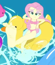 Size: 916x1080 | Tagged: suggestive, derpibooru import, edit, edited screencap, editor:grapefruitface, screencap, fluttershy, equestria girls, equestria girls series, i'm on a yacht, spoiler:eqg series (season 2), belly button, bikini, bikini edit, breasts, clothes, feet, floaty, flutterfeet, foot focus, inflatable, inflatable toy, midriff, pink swimsuit, pool toy, soles, solo, swimsuit, swimsuit edit, toes, water, wiggling toes