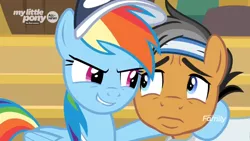 Size: 1366x768 | Tagged: safe, derpibooru import, screencap, quibble pants, rainbow dash, earth pony, pegasus, pony, common ground, cap, discovery family logo, frown, hat, headband, smiling