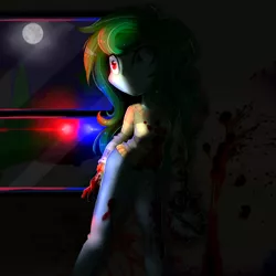 Size: 1861x1861 | Tagged: grimdark, artist:lixthefork, derpibooru import, wallflower blush, equestria girls, blood, moon, murder, night, police car, saw, this will end in school shooting, window