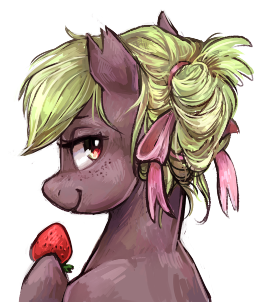 Size: 845x989 | Tagged: safe, artist:johling, derpibooru import, oc, unofficial characters only, earth pony, pony, bust, food, simple background, solo, strawberry, transparent background