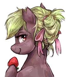 Size: 845x989 | Tagged: safe, artist:johling, derpibooru import, oc, unofficial characters only, earth pony, pony, bust, food, simple background, solo, strawberry, transparent background