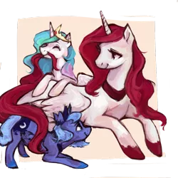 Size: 1024x1024 | Tagged: safe, artist:johling, derpibooru import, princess celestia, princess luna, oc, alicorn, pony, alicorn oc, biting, cewestia, female, filly, horn, mare, tail bite, trio, wings, woona, younger