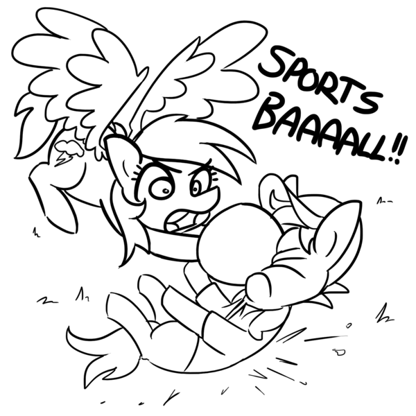 Size: 1650x1650 | Tagged: safe, artist:tjpones, derpibooru import, quibble pants, rainbow dash, earth pony, pegasus, pony, common ground, ball, baseball cap, black and white, cap, dialogue, duo, female, flying, grayscale, hat, hoof hold, male, mare, monochrome, oof, quibbuse, simple background, sports, sportsball, spread wings, stallion, this will end in pain, this will end in tears, white background, wings