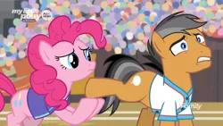 Size: 1366x768 | Tagged: safe, derpibooru import, screencap, pinkie pie, quibble pants, earth pony, pony, common ground, audience, clothes, crowd, discovery family logo, shirt, stadium