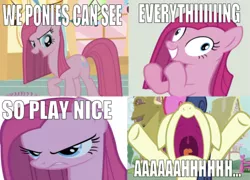 Size: 669x483 | Tagged: safe, derpibooru import, edit, edited screencap, editor:undeadponysoldier, screencap, bon bon, pinkie pie, sweetie drops, earth pony, pony, party of one, angry, comic, evil face, female, insane face, mare, nose in the air, pinkamena diane pie, pixar, screaming, screencap comic, so play nice, tom hanks, toy story, volumetric mouth, we toys can see everything, woody, wrong aspect ratio