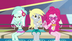 Size: 1336x752 | Tagged: safe, derpibooru import, screencap, derpy hooves, lyra heartstrings, pinkie pie, equestria girls, equestria girls series, i'm on a yacht, spoiler:eqg series (season 2), animated, belly button, bikini, clothes, cute, dancing, derpabetes, diapinkes, gif, glasses, heart glasses, heart shaped glasses, looking at you, lyrabetes, midriff, one-piece swimsuit, pool party, sleeveless, sunglasses, swimming pool, swimsuit, vip