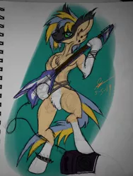 Size: 960x1280 | Tagged: safe, artist:skygunner, derpibooru import, oc, oc:storm haven, unofficial characters only, anthro, pony, anthro oc, anthro with ponies, digital on traditional, guitar, musical instrument, solo