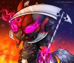 Size: 3500x3000 | Tagged: safe, artist:cornelia_nelson, derpibooru import, pony, cape, cloak, clothes, cosplay, costume, crossover, dota, dota 2, fire, glow, glowing eyes, glowing horn, horn, mantle, mask, scythe, solo, sombra eyes