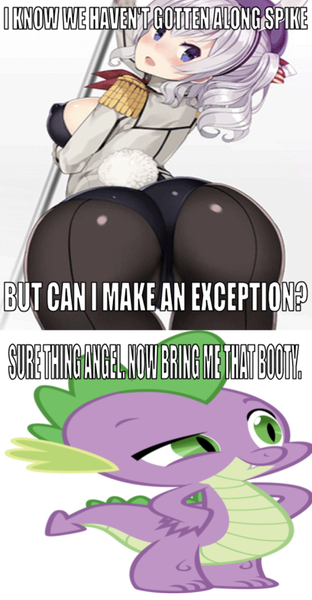 Size: 602x1158 | Tagged: angel bunny, angelspike, anime, artist:kuro chairo no neko, ass, booty had me like, breasts, bunny suit, butt, caption, clothes, crossover, crossover shipping, dat ass was fat, derpibooru import, dragon, edit, editor:undeadponysoldier, female, gay, human, humanized, human on dragon action, image macro, implied angel bunny, interspecies, kantai collection, kashima, male, not angel bunny, pole, pole dancing, shipping, spike, straight, stripper pole, suggestive, text, the ass was fat, wrong aspect ratio